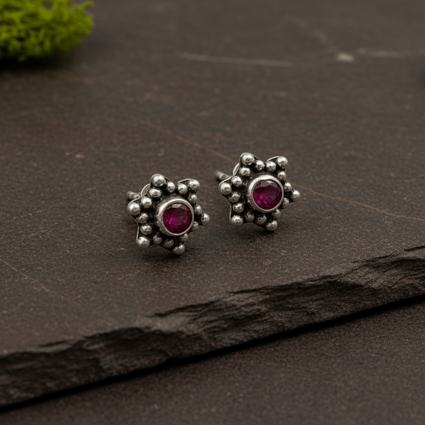 Vintage Ruby Star Stud Earrings in 925 Sterling Silver - Zirak Silver