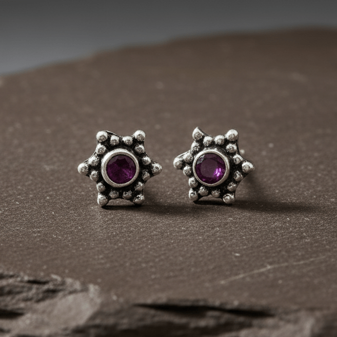 Vintage Ruby Star Stud Earrings in 925 Sterling Silver - Zirak Silver