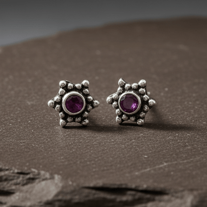 Vintage Ruby Star Stud Earrings in 925 Sterling Silver - Zirak Silver