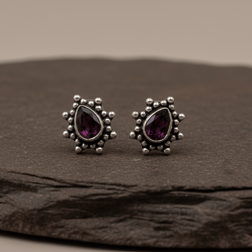 Vintage Ruby Teardrop Oxidised Silver Stud Earrings - Zirak Silver