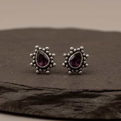 Vintage Ruby Teardrop Oxidised Silver Stud Earrings - Zirak Silver