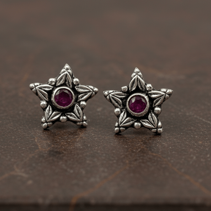Vintage Star Ruby Stud Earrings in 925 Sterling Silver - Zirak Silver