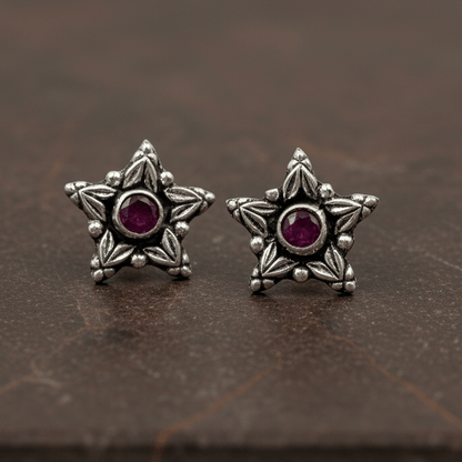 Vintage Star Ruby Stud Earrings in 925 Sterling Silver - Zirak Silver