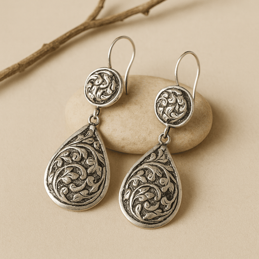 Vriti Earrings – Oxidised 925 Silver Engraved Teardrop Dangle Earrings - Zirak Silver