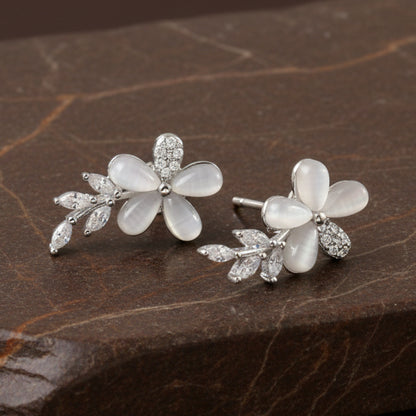 White Floral Silver Stud Earrings – Cat - Eye Petal Flower Earrings with CZ Leaf Detailing - Zirak Silver