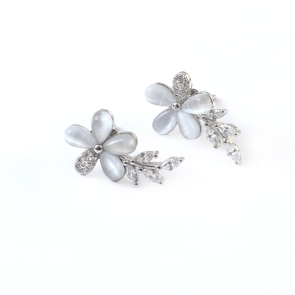 White Floral Silver Stud Earrings – Cat - Eye Petal Flower Earrings with CZ Leaf Detailing - Zirak Silver