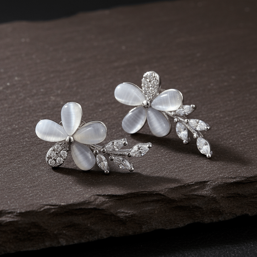 White Floral Silver Stud Earrings – Cat - Eye Petal Flower Earrings with CZ Leaf Detailing - Zirak Silver
