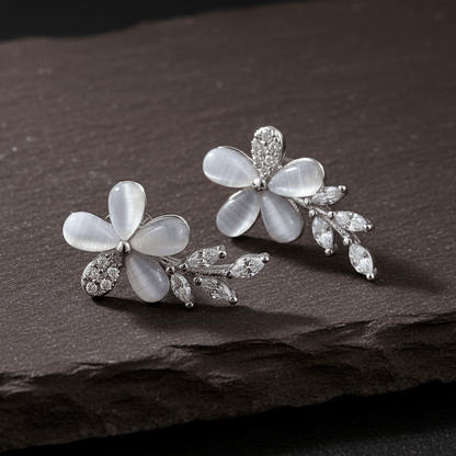 White Floral Silver Stud Earrings – Cat - Eye Petal Flower Earrings with CZ Leaf Detailing - Zirak Silver