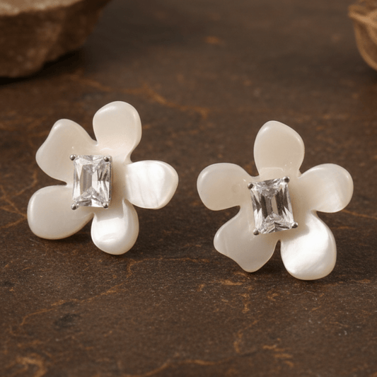 White Flower Stud Earrings | 925 Silver Floral Earrings with CZ Center Stone | Elegant Mother of Pearl Look - Zirak Silver