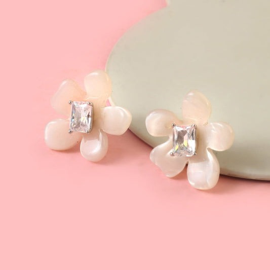 White Flower Stud Earrings | 925 Silver Floral Earrings with CZ Center Stone | Elegant Mother of Pearl Look - Zirak Silver