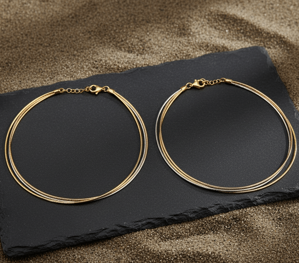 Women's Tri - Color Italian Omega Layered Anklet - Zirak Silver