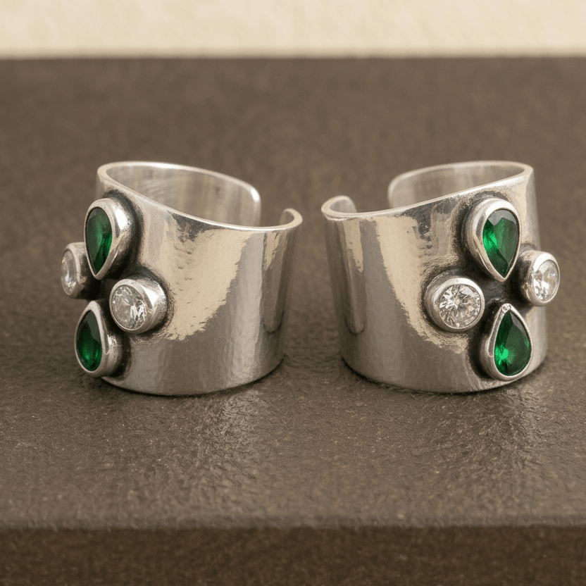 Zara Green Teardrop Wide Toe Rings - Zirak Silver