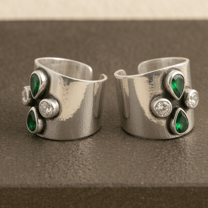 Zara Green Teardrop Wide Toe Rings - Zirak Silver