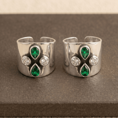 Zara Green Teardrop Wide Toe Rings - Zirak Silver