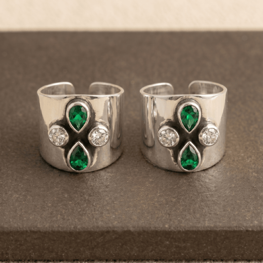Zara Green Teardrop Wide Toe Rings - Zirak Silver