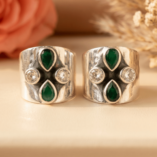 Zara Green Teardrop Wide Toe Rings (Large) - Zirak Silver
