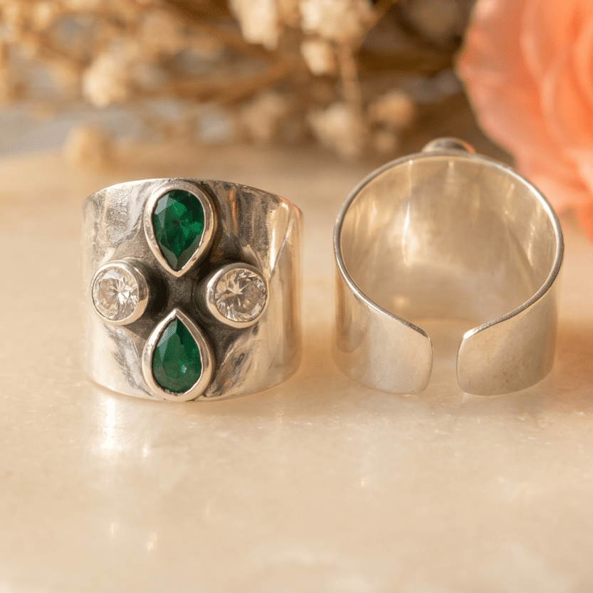 Zara Green Teardrop Wide Toe Rings (Large) - Zirak Silver