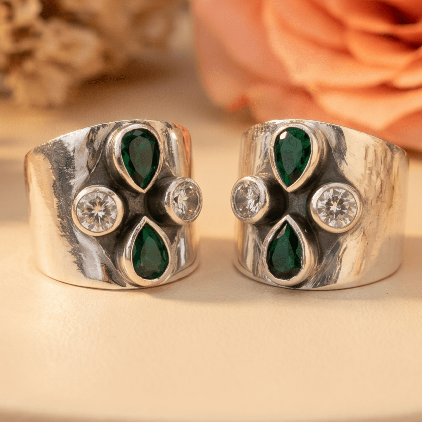 Zara Green Teardrop Wide Toe Rings (Large) - Zirak Silver