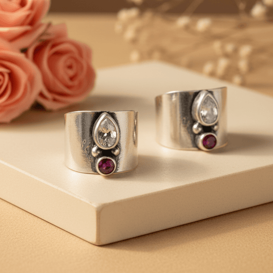 Zoya Teardrop & Ruby Wide Toe Rings - Zirak Silver