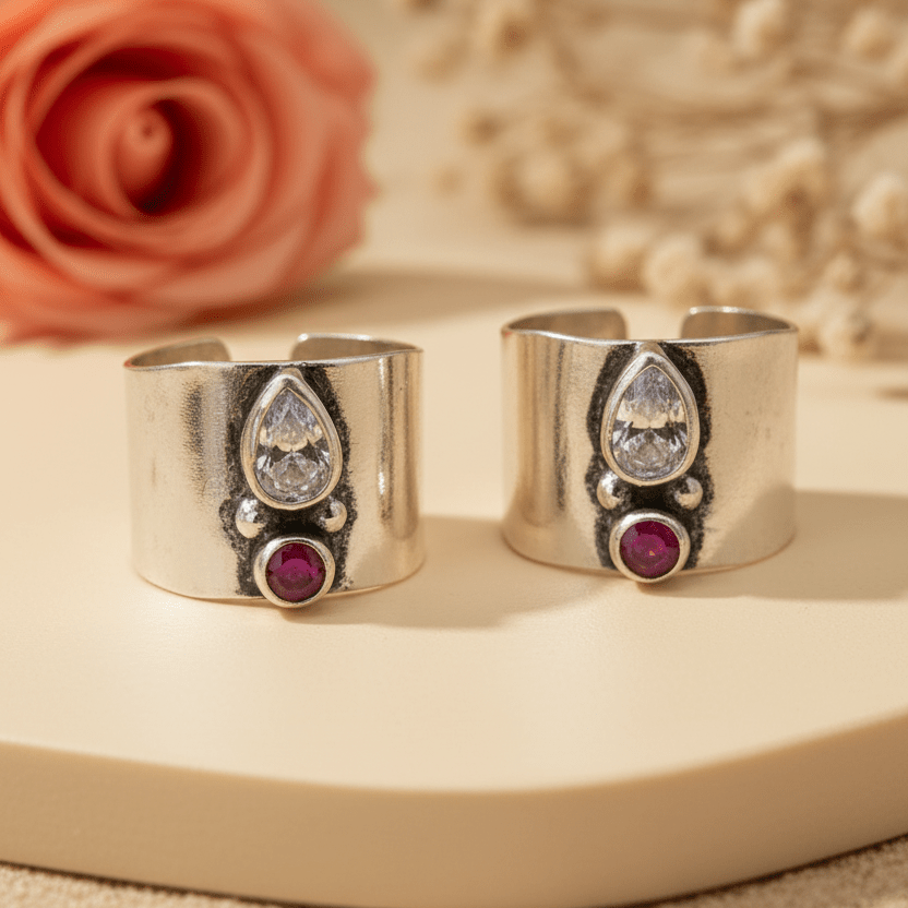 Zoya Teardrop & Ruby Wide Toe Rings - Zirak Silver